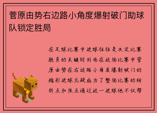 菅原由势右边路小角度爆射破门助球队锁定胜局